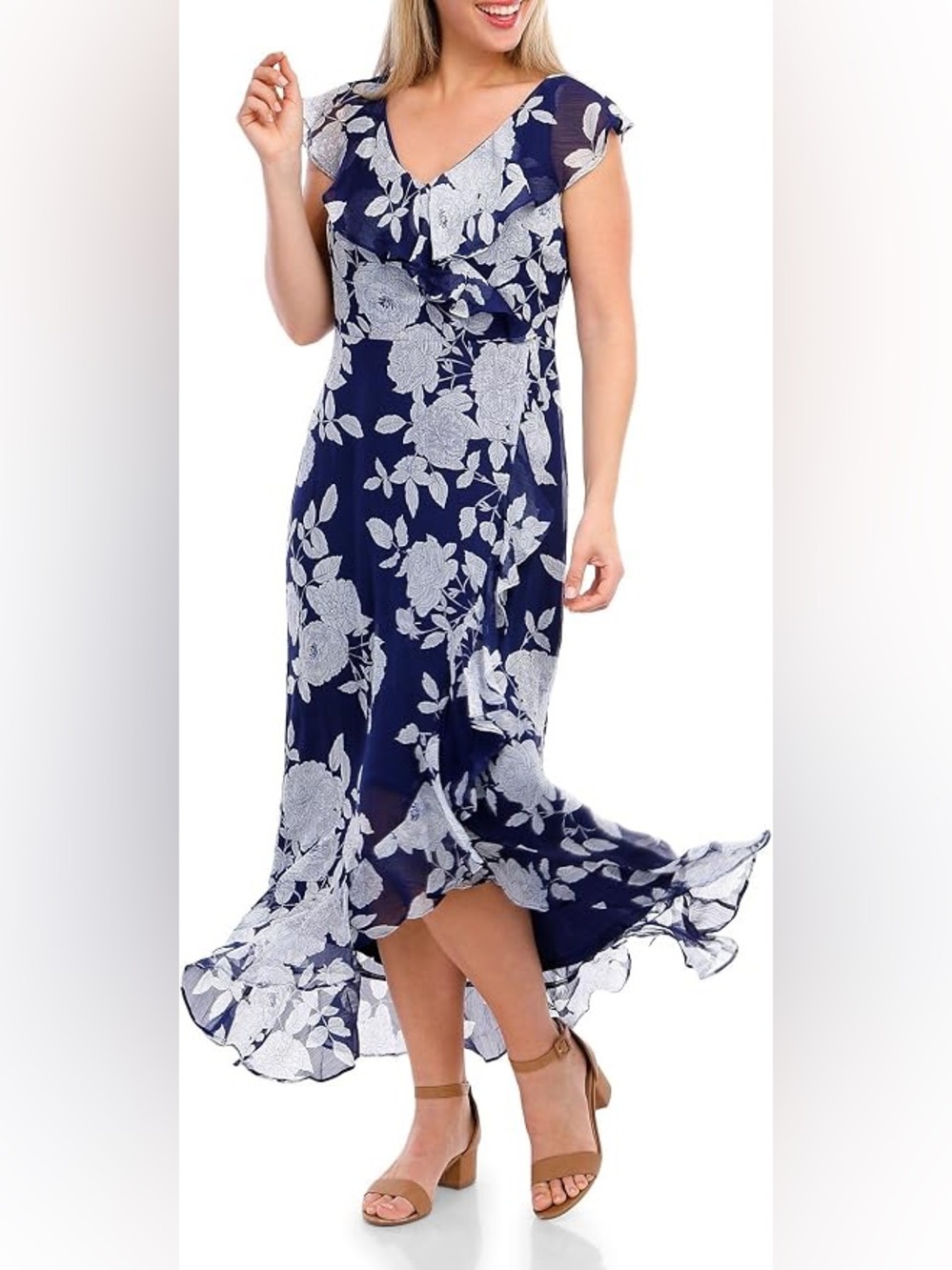 London Times Floral Ruffle Sleeveless Faux Wrap Maxi Dress Size 10 Navy Blue